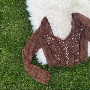 Victoria’s Secret Dream Angels Shimmer Long Sleeve Corset Top Brown Lace Medium